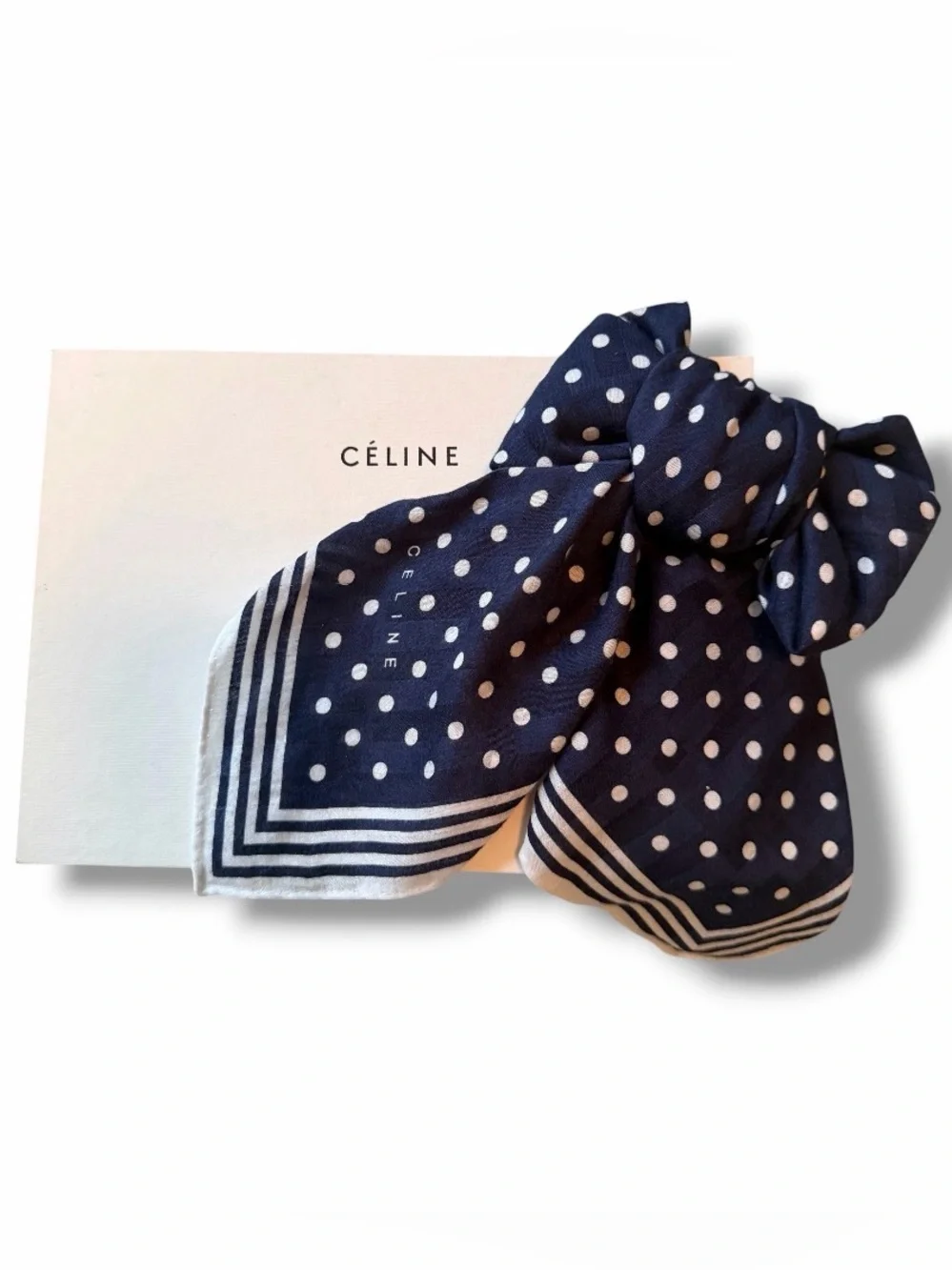 Celine Navy Polka Dot Square Scarf Hair Bow Bandana Neckerchief Bag Accessory